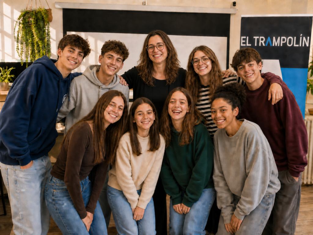 Profesora con un grupo de adolescentes en un curso de oratoria y comunicación de El Trampolín