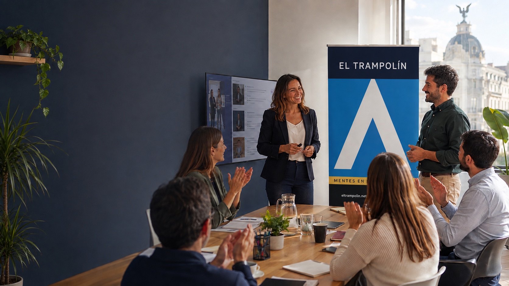 Entrenamiento de comunicación en equipo con una formadora y participantes junto al roll-up de El Trampolín