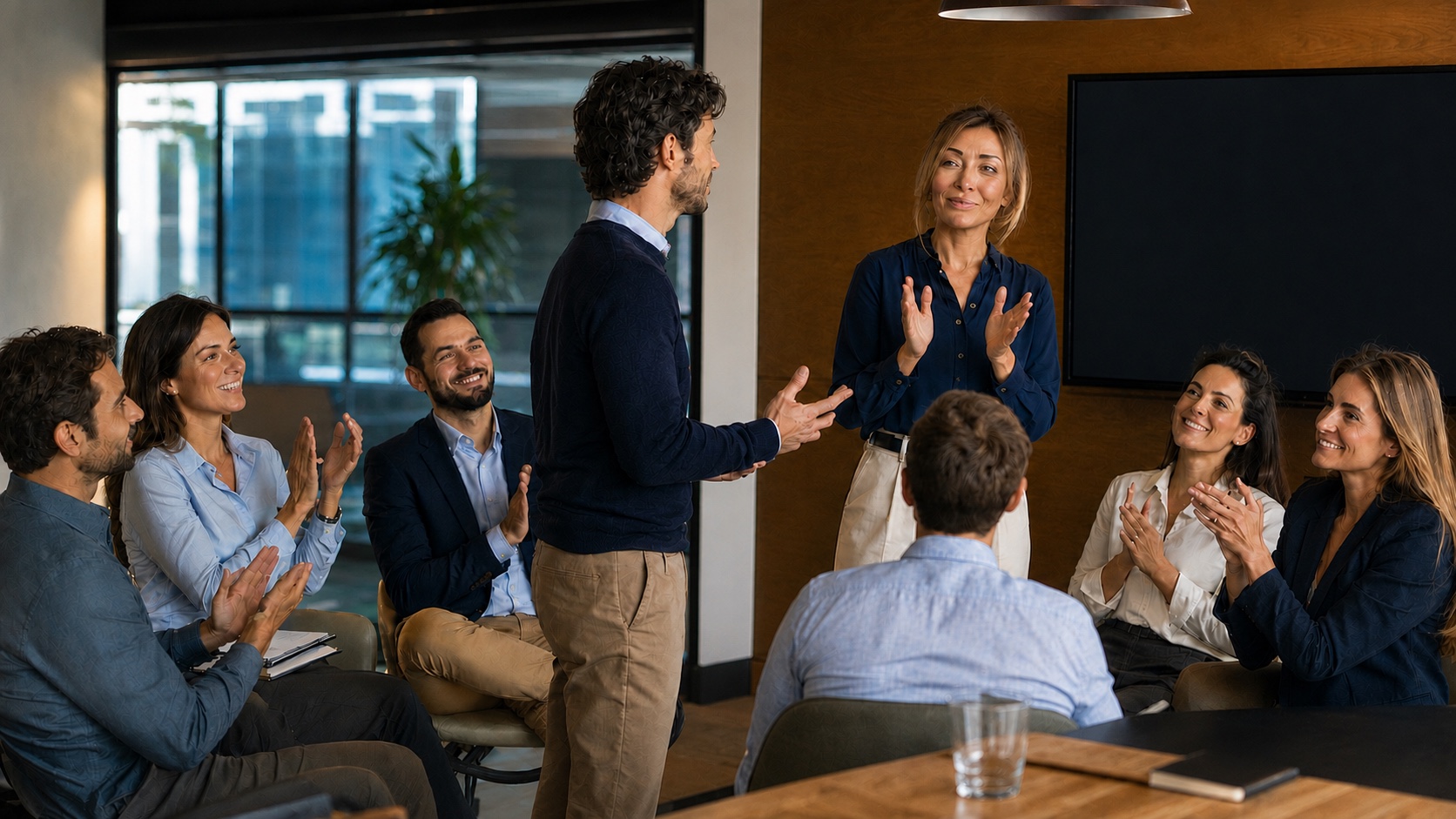 Entrenamiento de comunicación y oratoria en equipo, con una formadora y participantes aplaudiendo