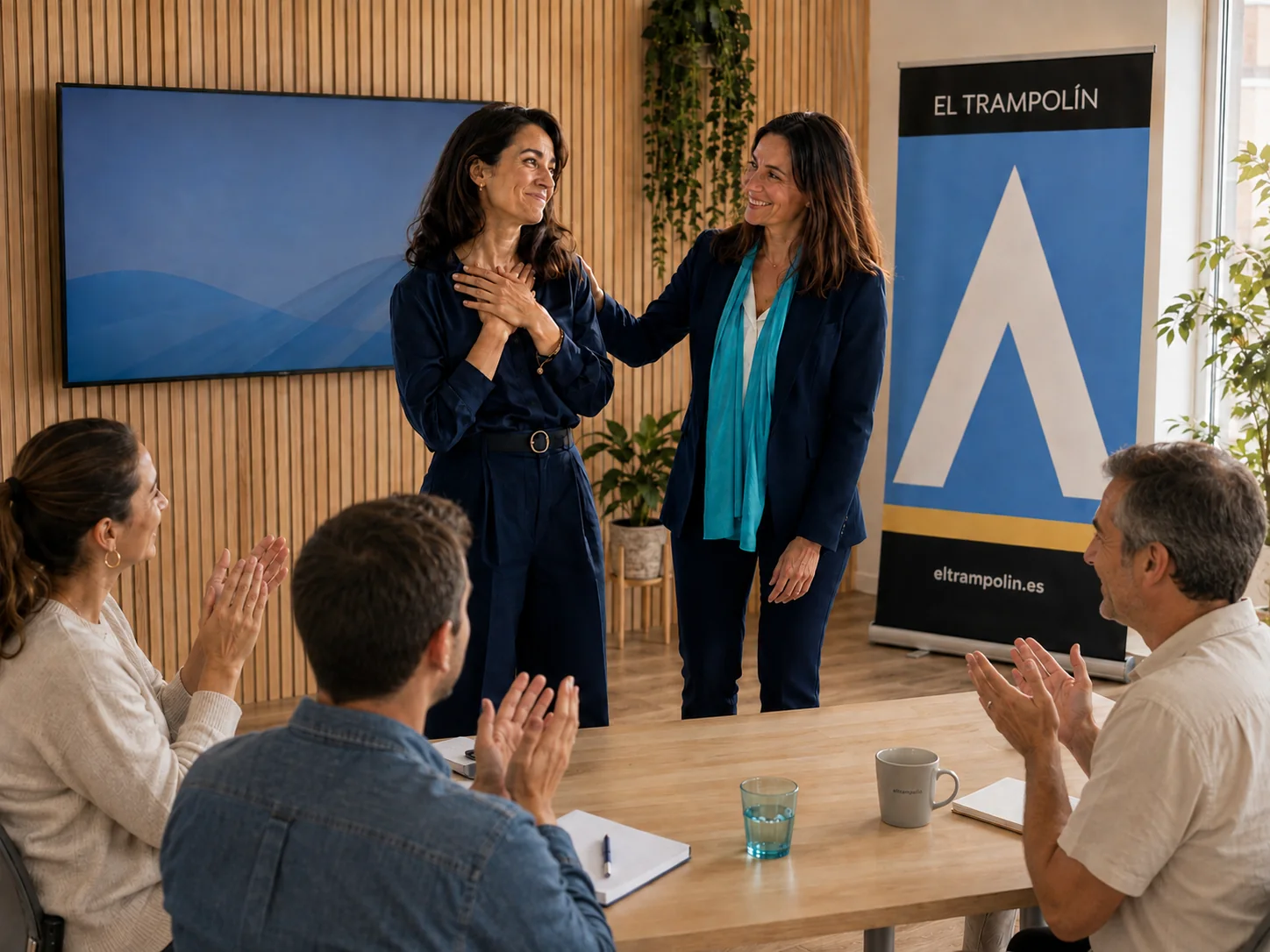 Participante junto a su formadora mientras el grupo aplaude durante una práctica de oratoria